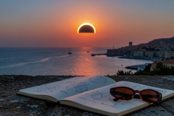 Illustration éditoriale d’une éclipse solaire partielle au-dessus de la skyline méditerranéenne de Marseille au coucher du soleil, avec un carnet de croquis ouvert et des lunettes d’observation solaire posées sur une terrasse en pierre.