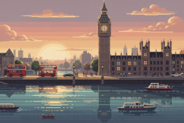 découvrez londres en pixel art en représentant big ben, les emblématiques bus rouges et la tamise pour une création artistique unique et colorée.