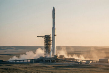 Lanceur orbital historique dressé sur son pas de tir dans la steppe kazakhe à l’aube, avec une atmosphère d’archive soviétique restaurée et un grain argentique discret.
