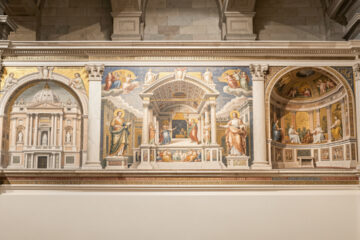 Frise culturelle lumineuse présentant des mosaïques paléochrétiennes, la basilique Saint-Pierre et la chapelle Sixtine dans une composition chronologique élégante.