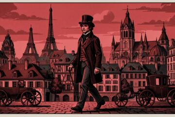Frise historique illustrée montrant Julien Sorel traversant Verrières, Besançon et Paris, dans un style mêlant gravure modernisée et pixel art discret, avec une palette rouge, noire et grise évoquant la Restauration.