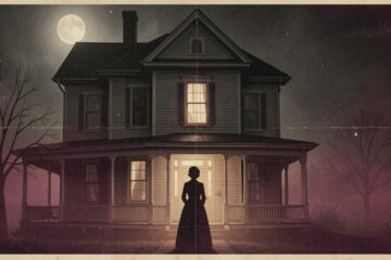Illustration sombre d’une maison victorienne de Fall River en 1892, avec la silhouette d’une femme devant une fenêtre éclairée, dans un style d’affiche rétro au grain de presse ancienne.