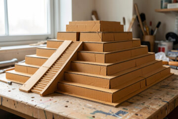 Maquette réaliste d’une ziggurat mésopotamienne en carton, avec des terrasses étagées et un large escalier frontal, posée sur un établi créatif dans des tons ocre sous une lumière douce.