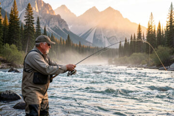 Un homme pêche à la mouche dans une rivière tumultueuse du Montana au coucher du soleil, entouré de montagnes et baigné de lumière dorée.