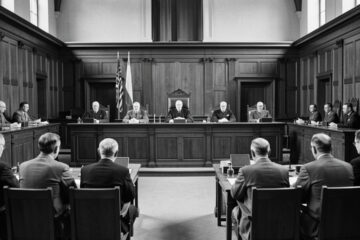 Vue documentaire en noir et blanc de la salle du Tribunal militaire international à Nuremberg en 1946, avec les accusés vus de dos au premier plan et les juges au fond.
