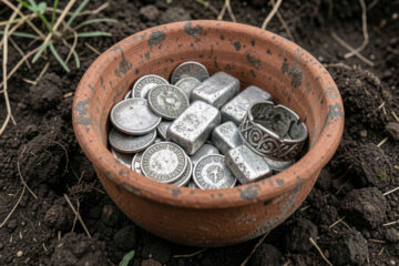 Trésor viking composé de pièces d’argent anglo-saxonnes, de lingots et de bracelets dans un récipient en argile posé sur une terre sombre du Danemark.