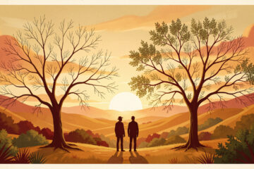 Illustration éditoriale de la vallée de la Salinas au coucher du soleil, avec deux silhouettes de frères et deux arbres généalogiques aux lignes fines, dans des tons ocre, vert olive et rouge profond.